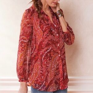 Soft Surroundings Cheyla Long Sleeve Button Red Orange Blouse Chiffon Size 1X